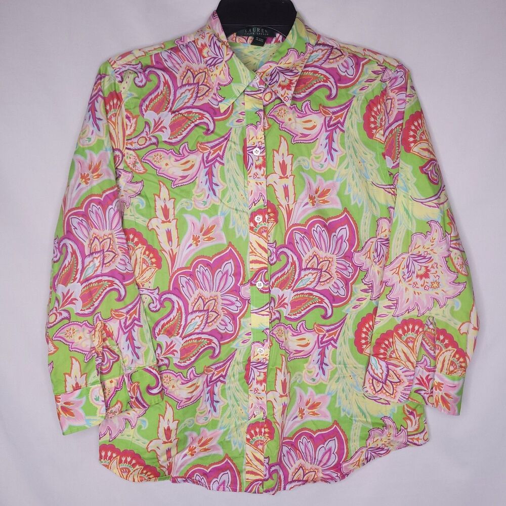 Lauren Ralph Lauren Shirt Womens Medium Paisley Green 3/4 Sleeve